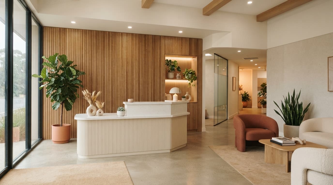 Recepción luminosa de una clínica odontológica con pared de madera y plantas