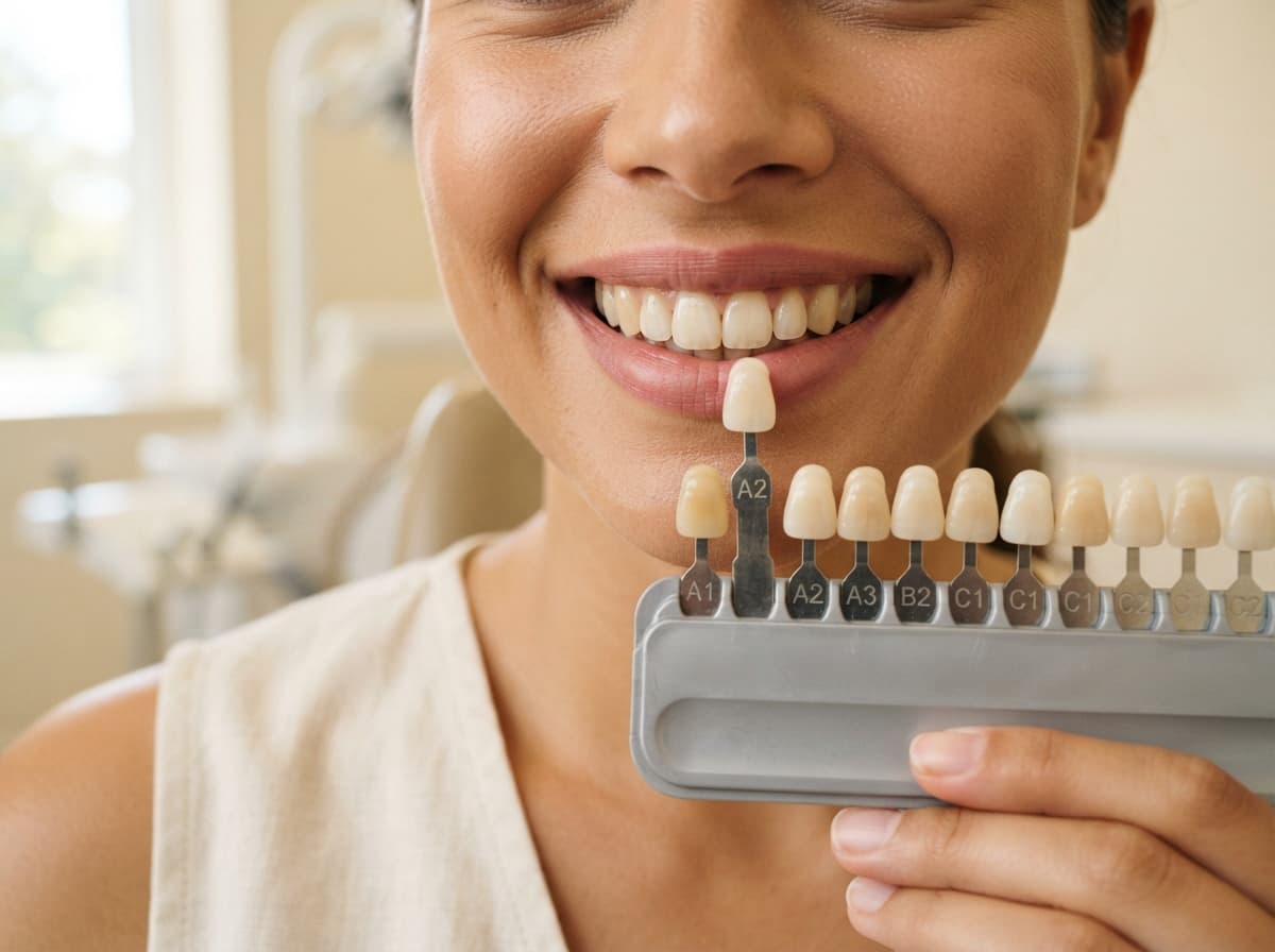 Sonrisa junto a una guía de tonos dentales