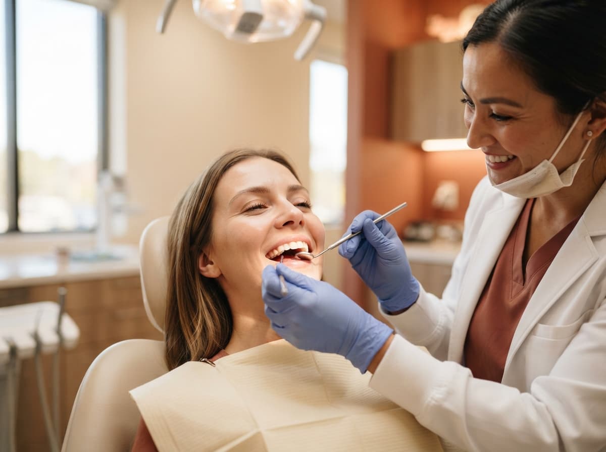 Odontóloga revisando la sonrisa de una paciente con un espejo dental